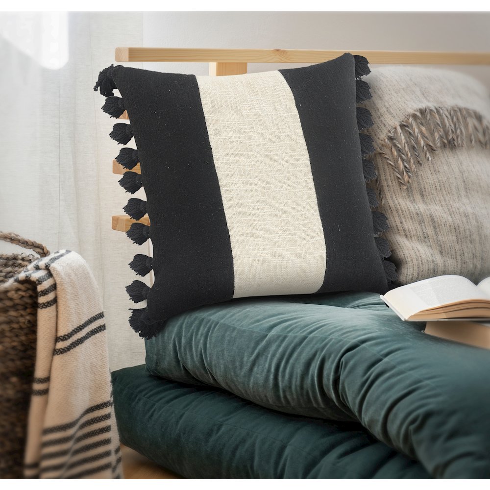 Tri-Stripe Black and Ivory Fringe Pillow