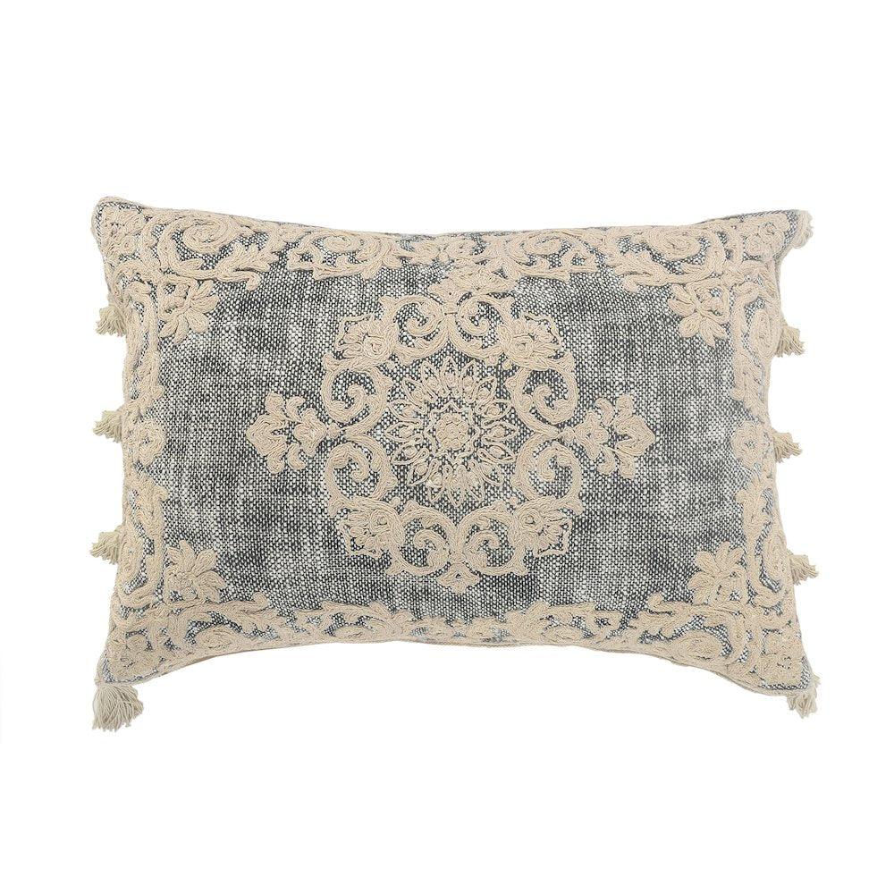 Medallion and Bordered Gray and Ivory Throw Pillow