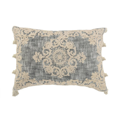 Medallion and Bordered Gray and Ivory Throw Pillow