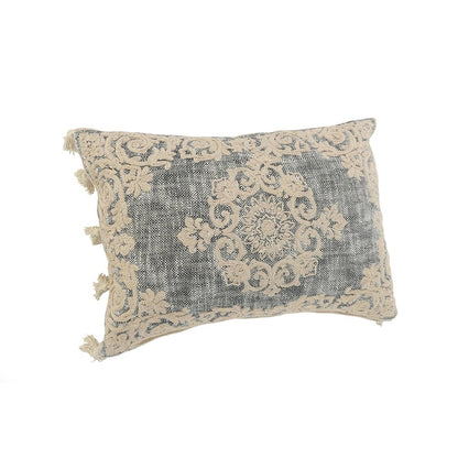 Medallion and Bordered Gray and Ivory Throw Pillow