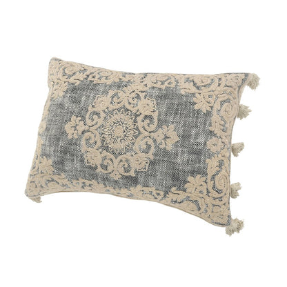 Medallion and Bordered Gray and Ivory Throw Pillow