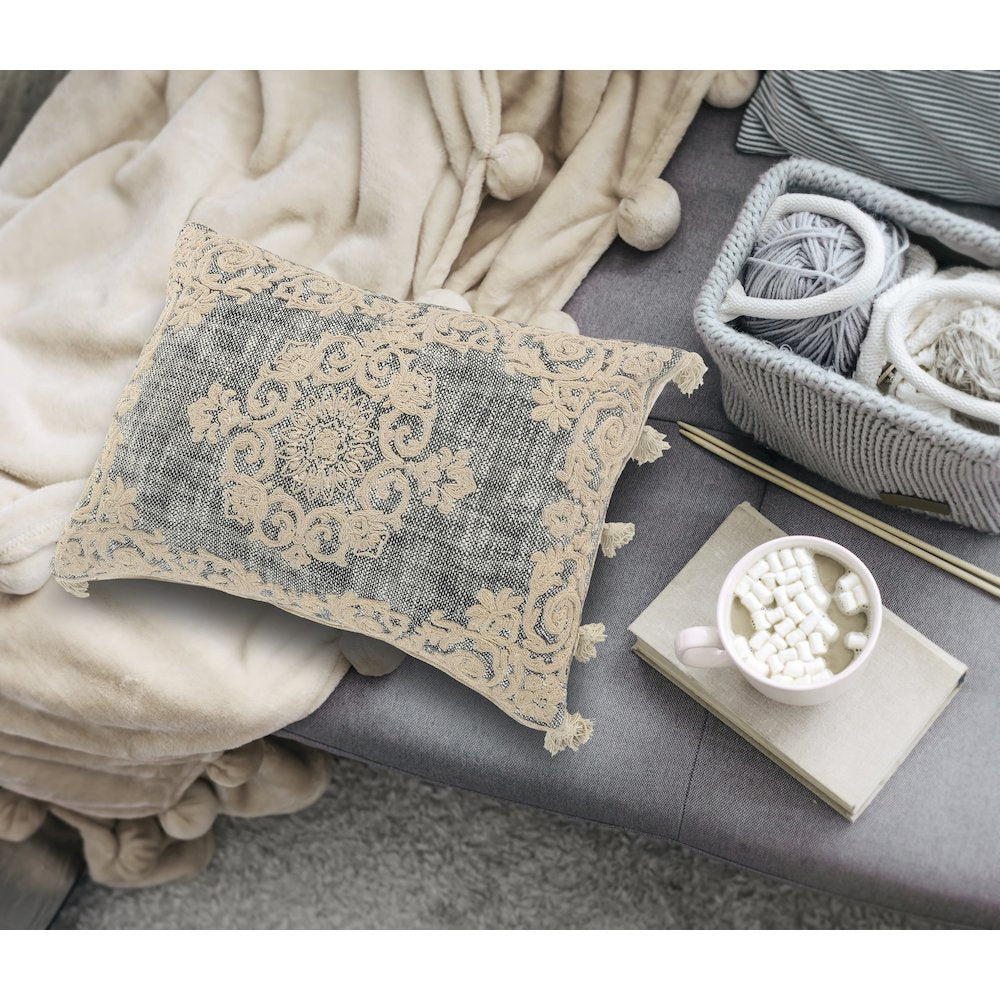 Medallion and Bordered Gray and Ivory Throw Pillow