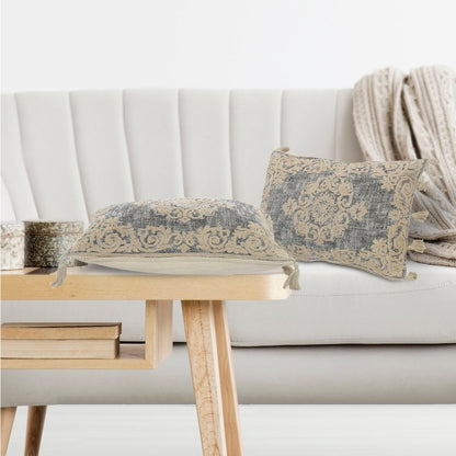 Medallion and Bordered Gray and Ivory Throw Pillow