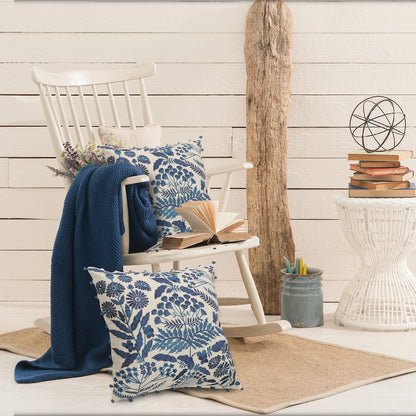 Off-White and Navy Bohemian Floral Throw Pillow