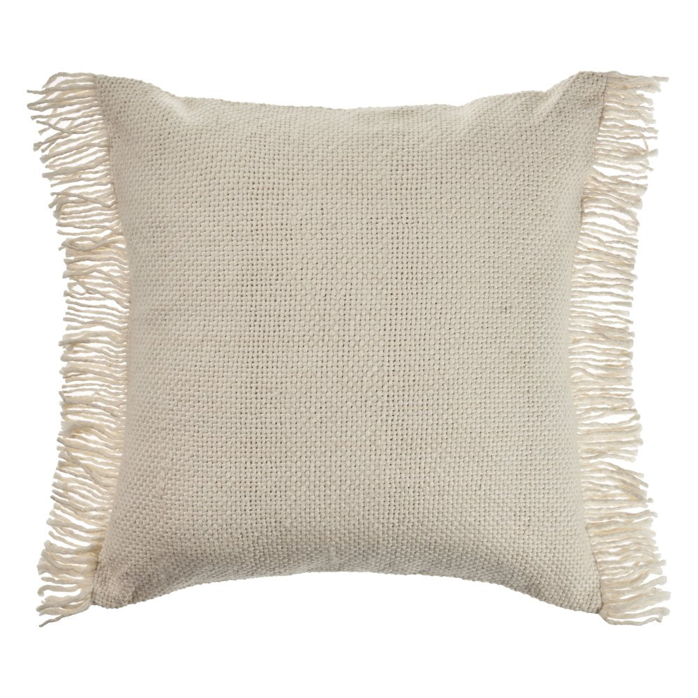 Solid Ivory Woven Throw Pillow with Fringe