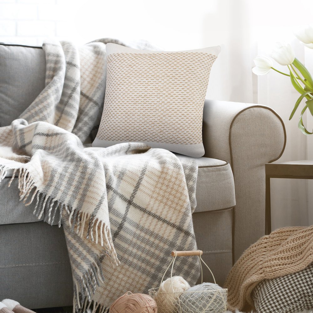 Ivory and Jute Interwoven Bordered Throw Pillow