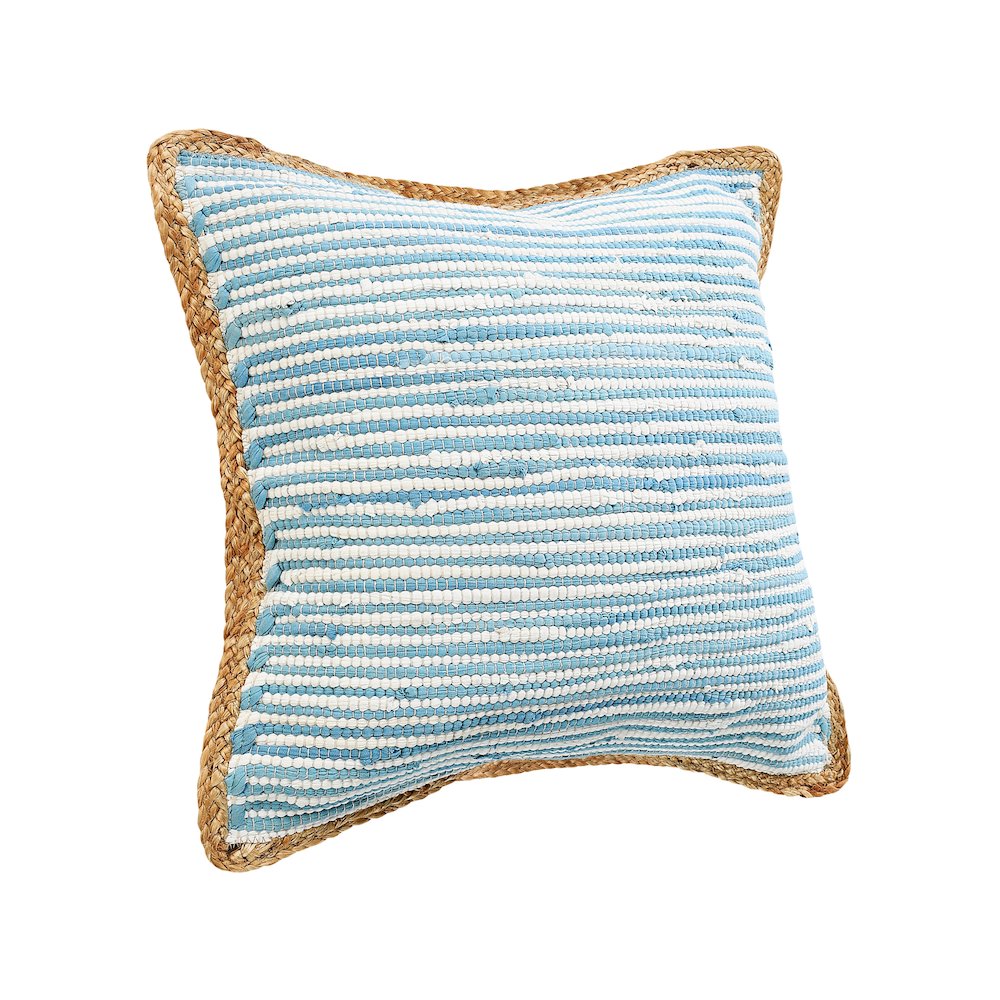 Bright Blue and White Striped Jute Bordered Throw Pillow