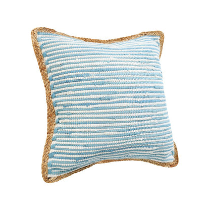Bright Blue and White Striped Jute Bordered Throw Pillow