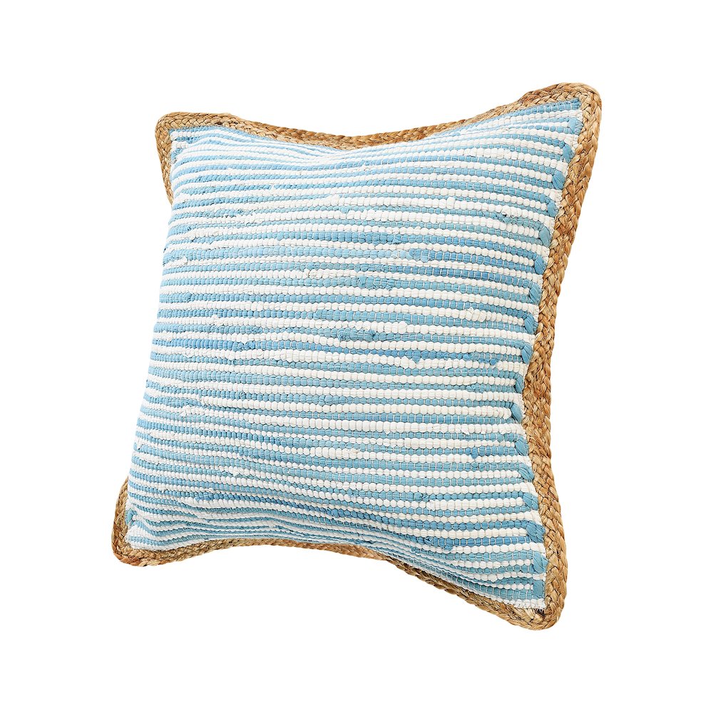 Bright Blue and White Striped Jute Bordered Throw Pillow