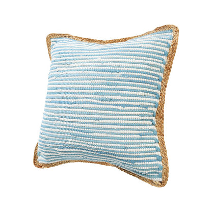 Bright Blue and White Striped Jute Bordered Throw Pillow