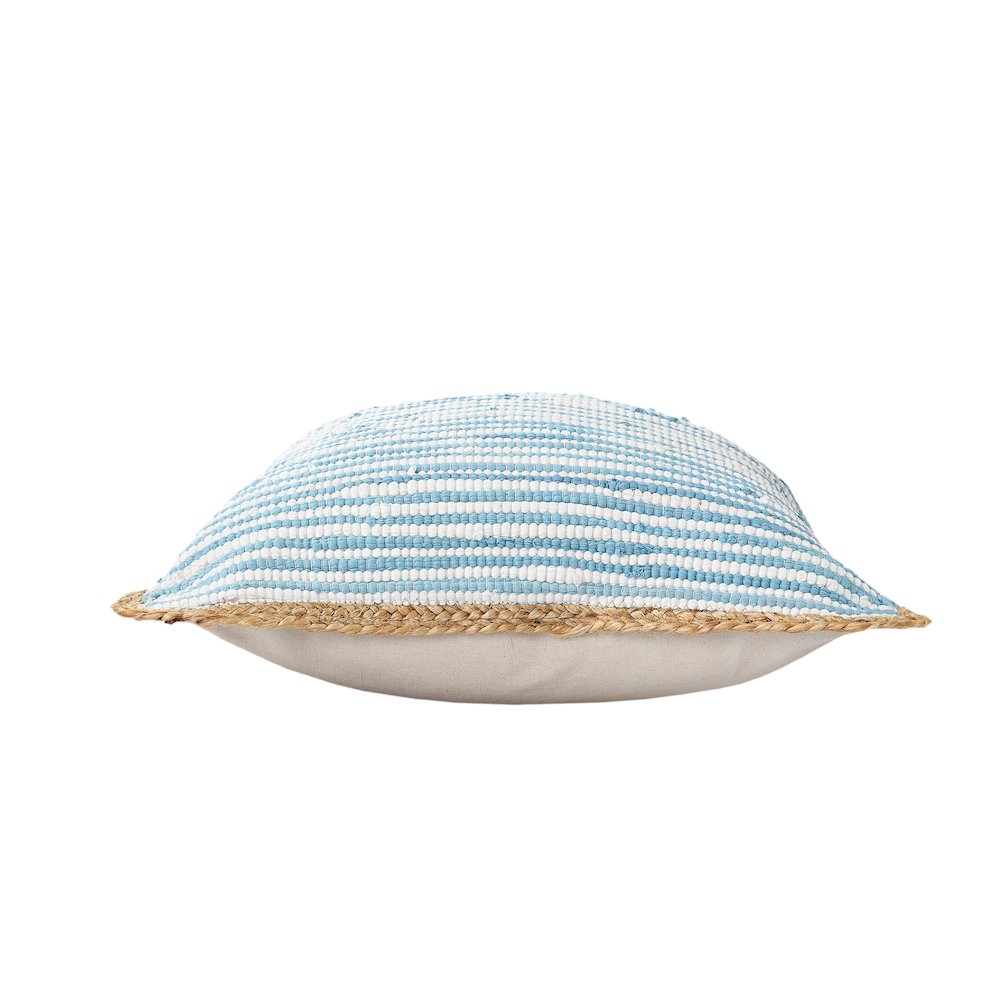 Bright Blue and White Striped Jute Bordered Throw Pillow
