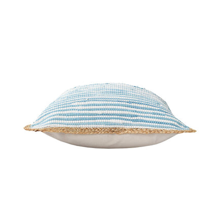 Bright Blue and White Striped Jute Bordered Throw Pillow