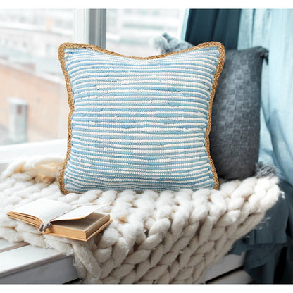 Bright Blue and White Striped Jute Bordered Throw Pillow