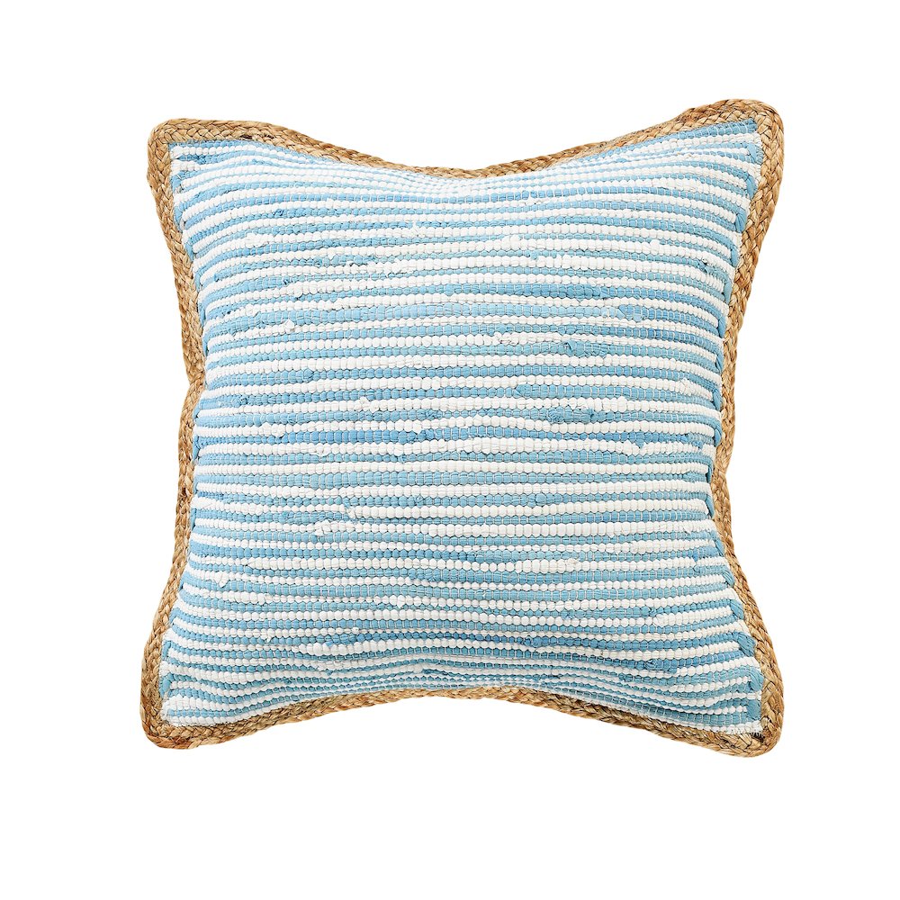 Bright Blue and White Striped Jute Bordered Throw Pillow