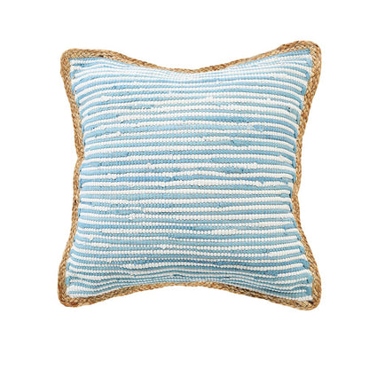 Bright Blue and White Striped Jute Bordered Throw Pillow