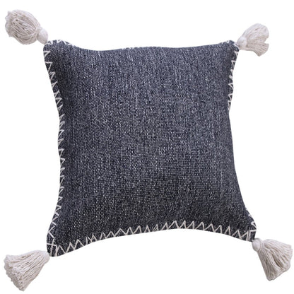 Solid Stonewash Boho Farmhouse Embroidered Edge Throw Pillow with Tassels