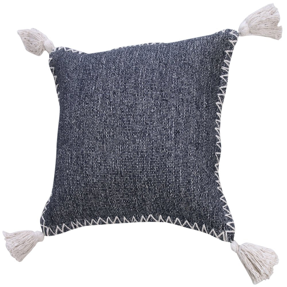 Solid Stonewash Boho Farmhouse Embroidered Edge Throw Pillow with Tassels