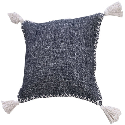 Solid Stonewash Boho Farmhouse Embroidered Edge Throw Pillow with Tassels