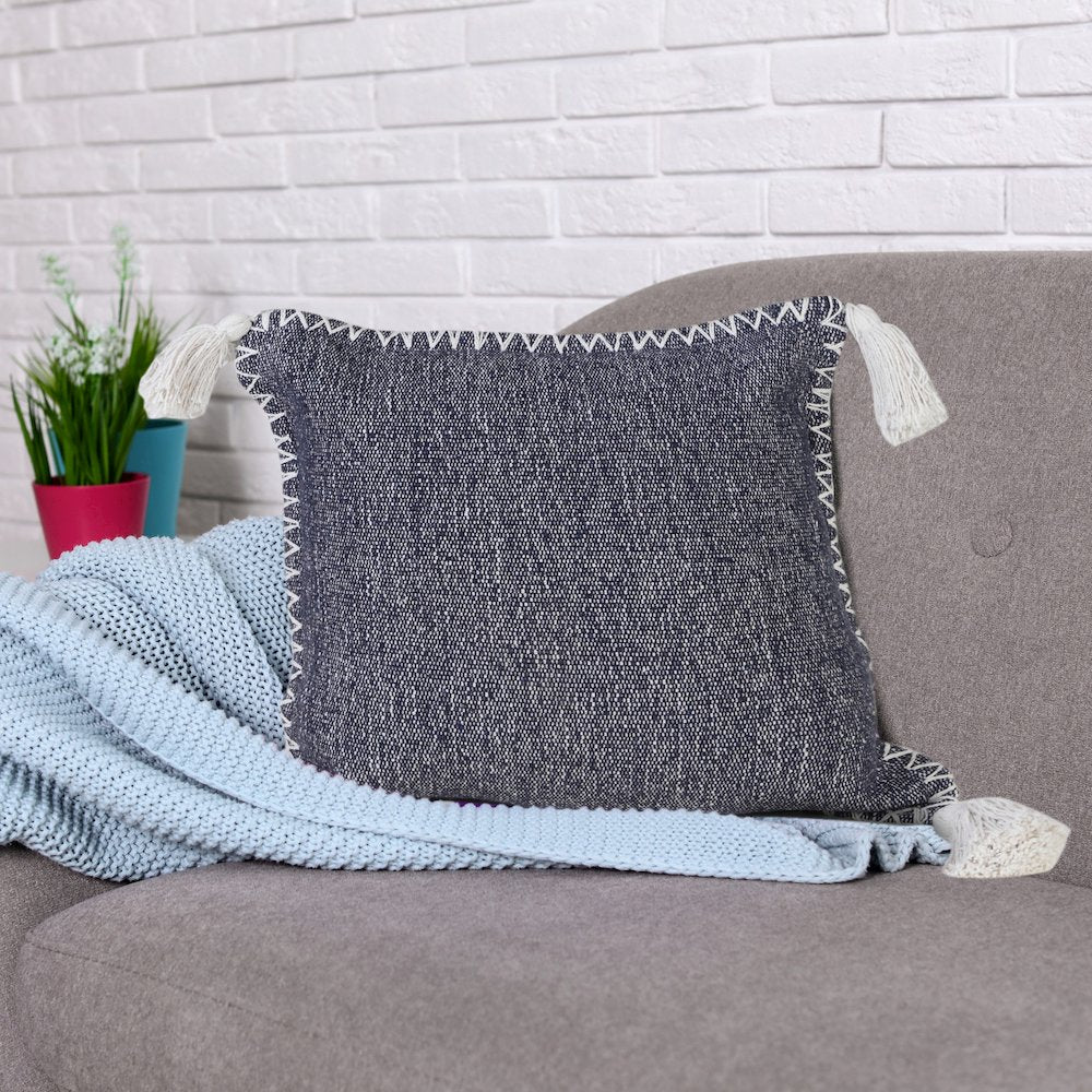 Solid Stonewash Boho Farmhouse Embroidered Edge Throw Pillow with Tassels