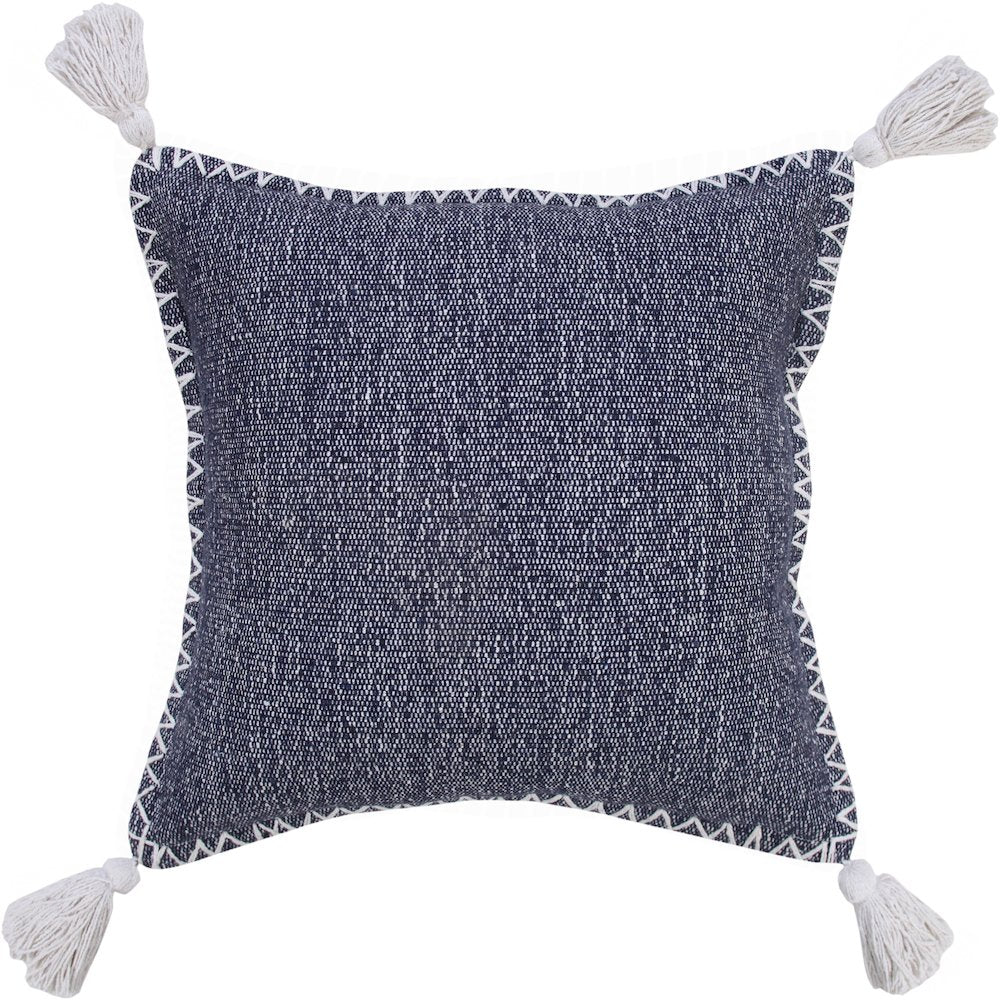 Solid Stonewash Boho Farmhouse Embroidered Edge Throw Pillow with Tassels