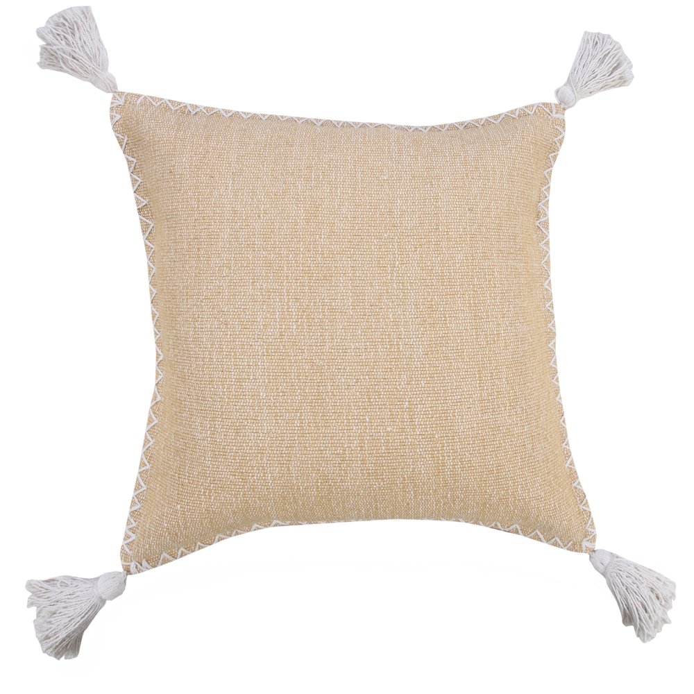 Solid Stonewash Boho Farmhouse Embroidered Edge Throw Pillow with Tassels