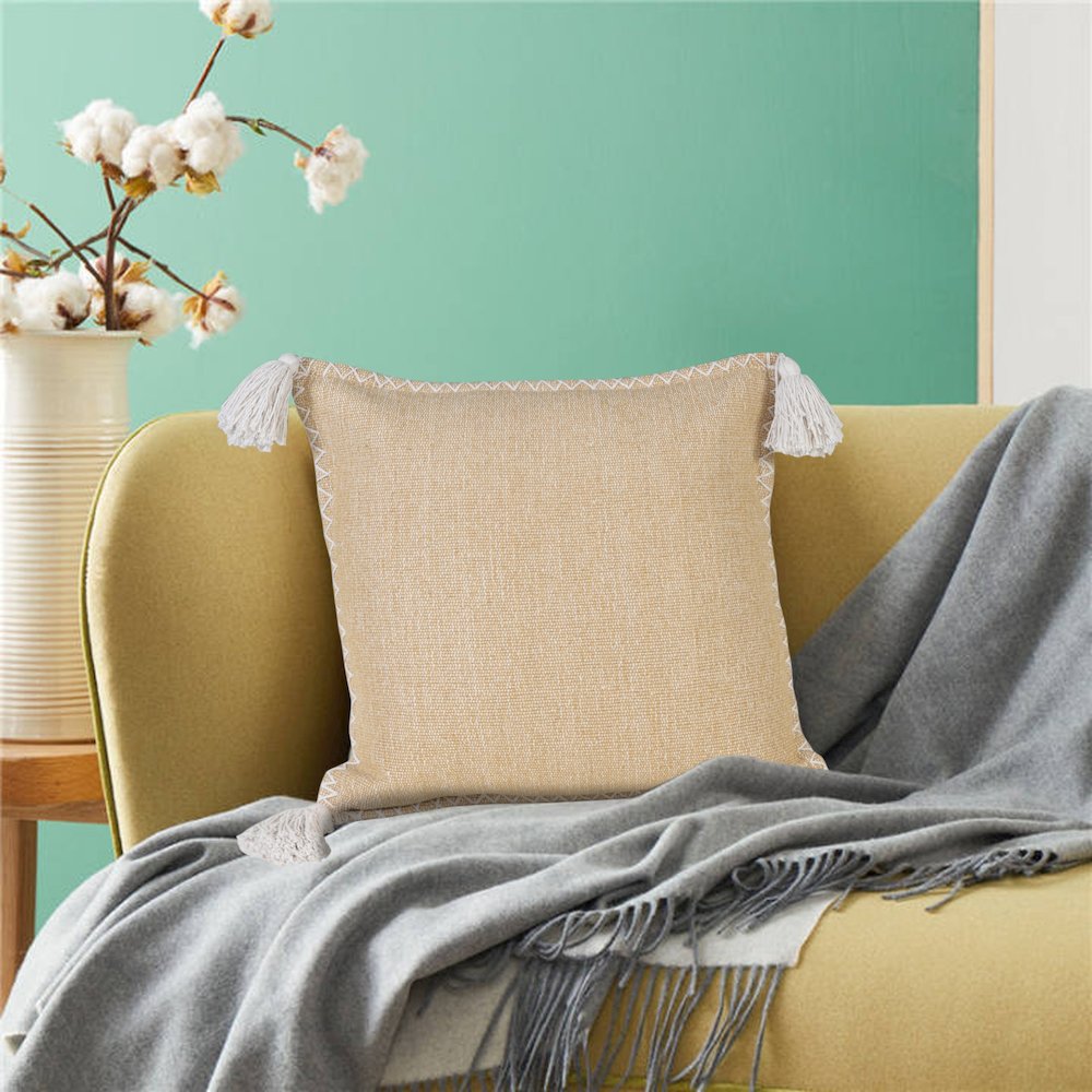 Solid Stonewash Boho Farmhouse Embroidered Edge Throw Pillow with Tassels
