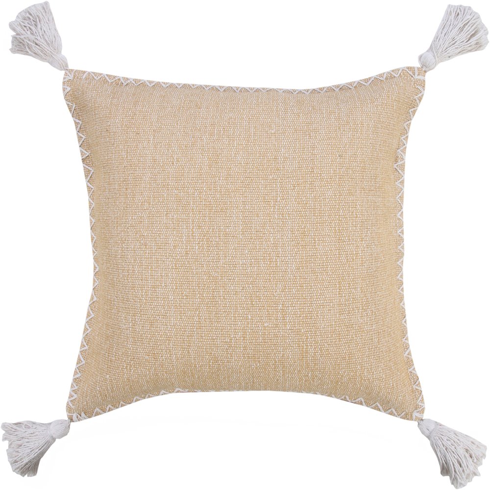 Solid Stonewash Boho Farmhouse Embroidered Edge Throw Pillow with Tassels