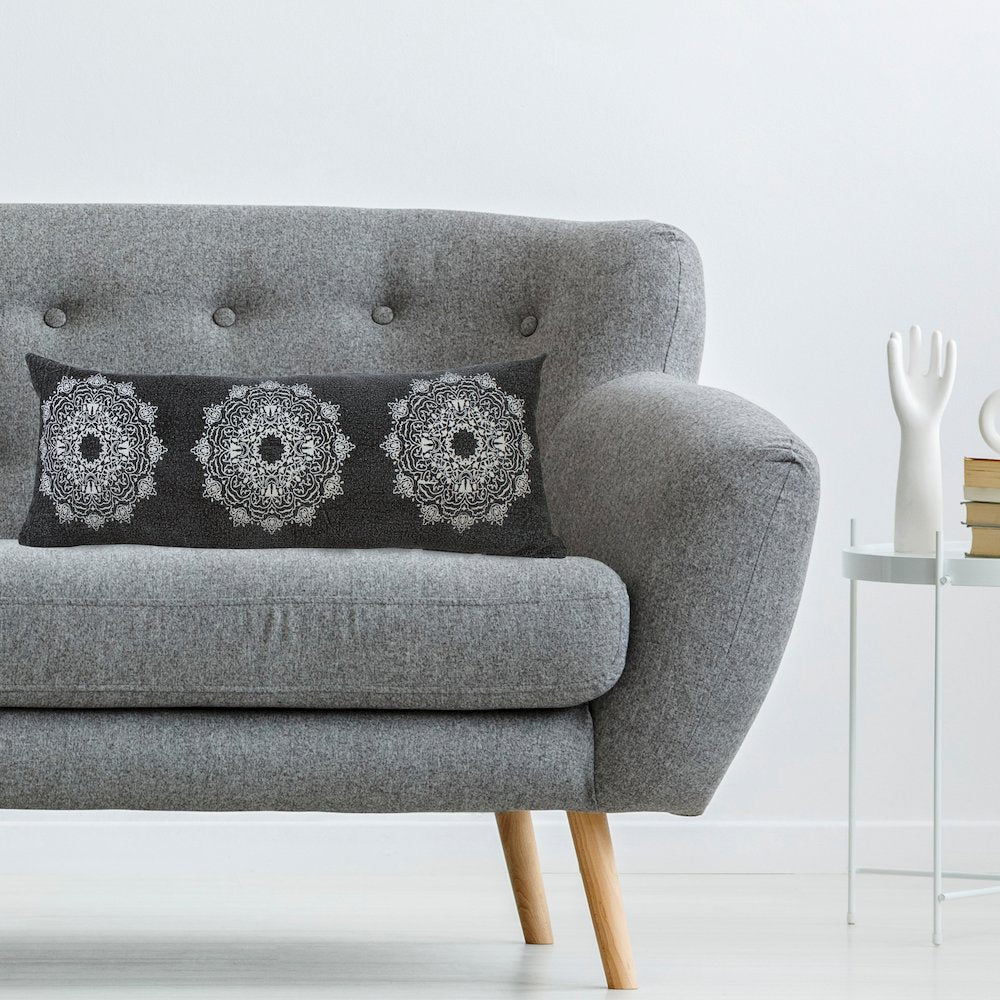 Mandala Cotton Poly Filled Pillow in Black/White, 14" x 36"