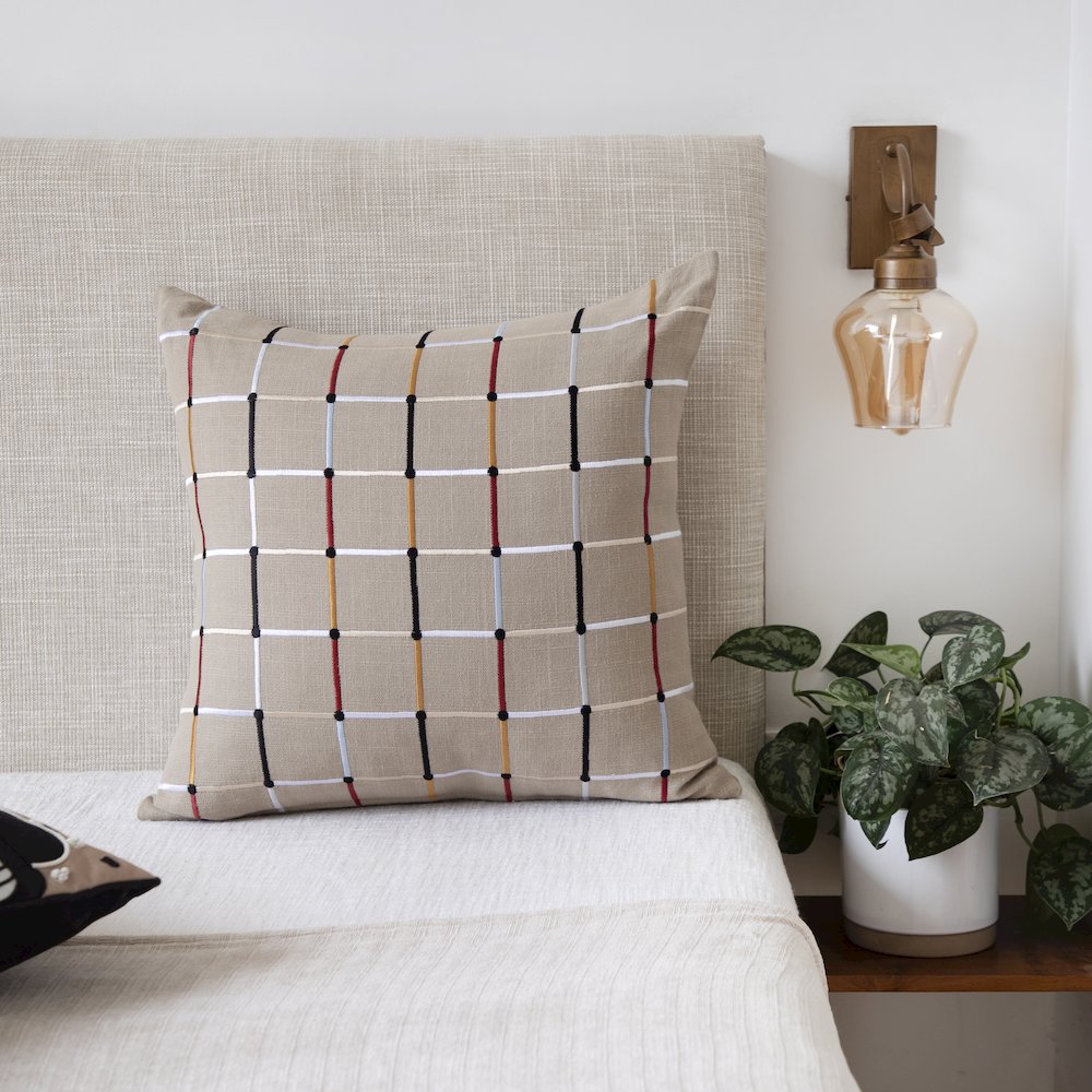 Beige/Multi Contemporary Checkered Hand-Woven Throw Pillow Cover