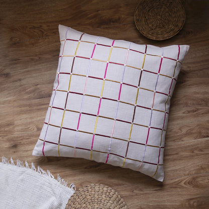 White/Multi Contemporary Checkered Hand-Woven Throw Pillow Cover