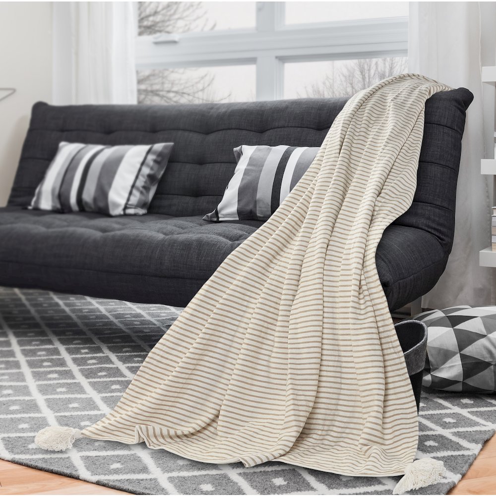 Gray/White Striped All-Natural Cotton Throw Blanket