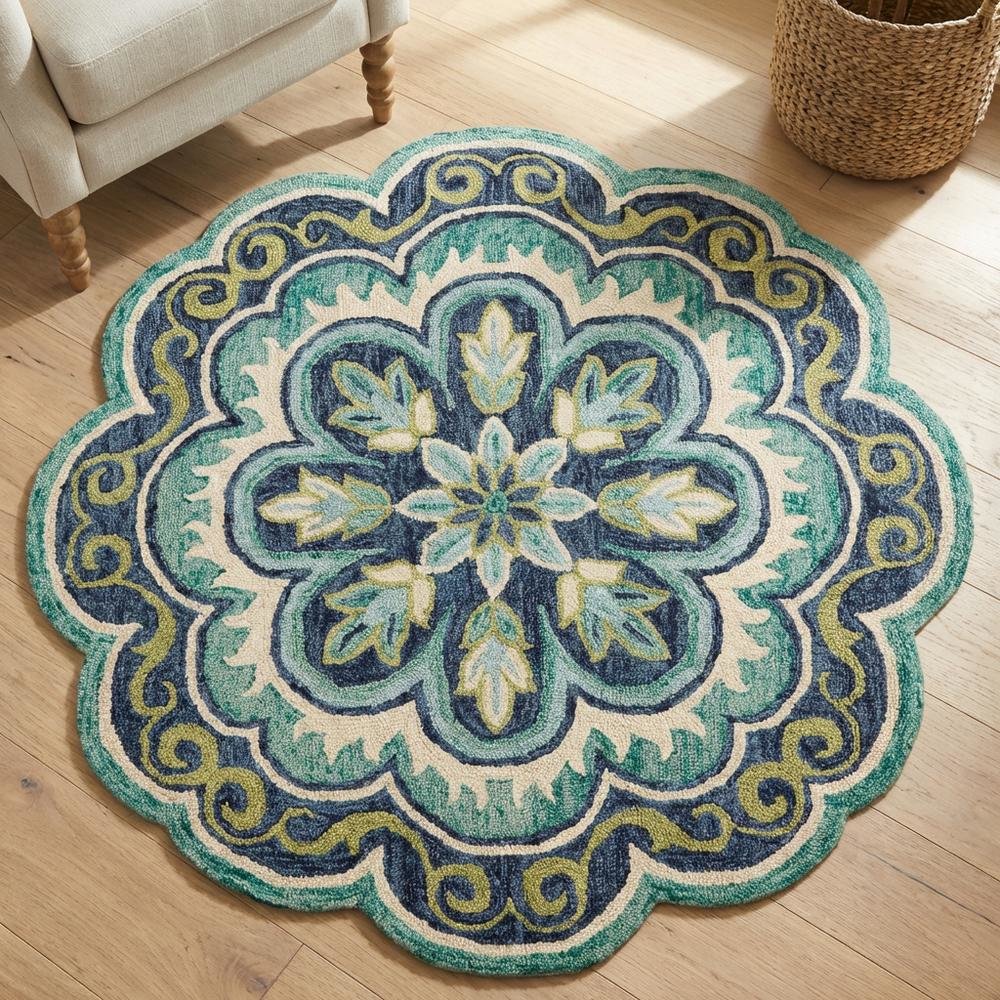 Bohemian Indoor Area Rug In Green And Blue, 5' Round, Casual Style