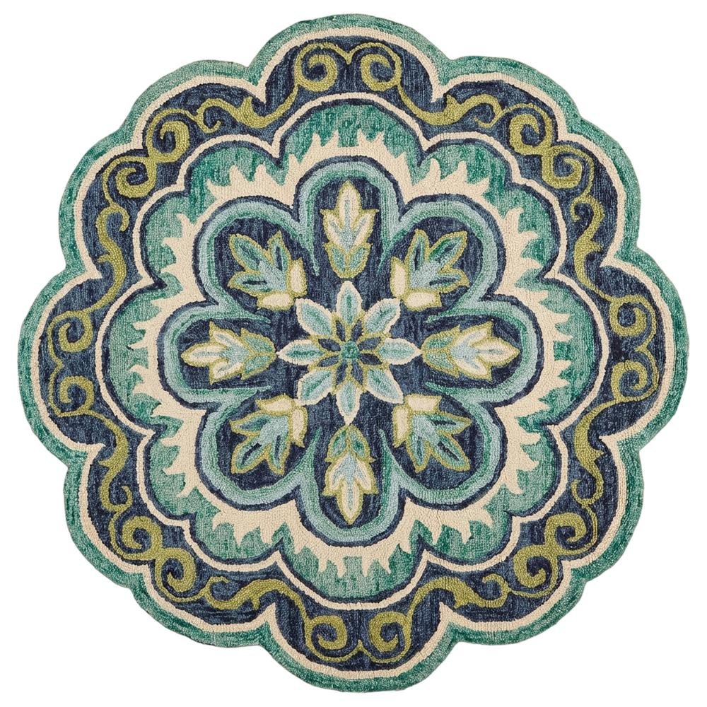 Bohemian Indoor Area Rug In Green And Blue, 5' Round, Casual Style