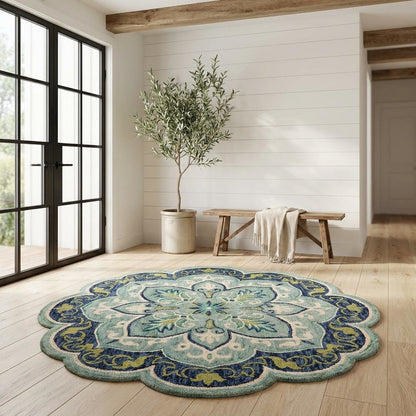 Blue Indoor Area Rug In Classic Round Style For Living Room And Bedroom