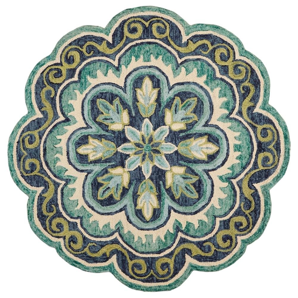 Bohemian Indoor Area Rug In Green And Blue, Round Design, Soft High-Pile