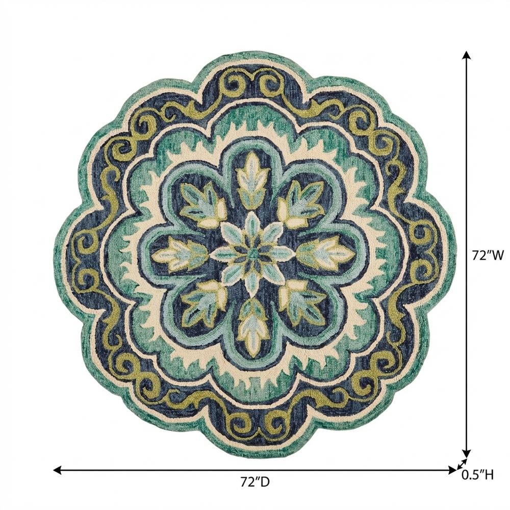 Bohemian Indoor Area Rug In Green And Blue, Round Design, Soft High-Pile