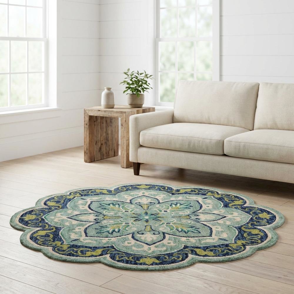 Blue Indoor Area Rug With Classic Round Design, 6 Feet Diameter