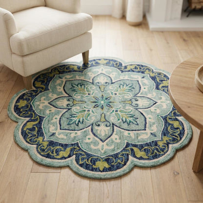 Blue Indoor Area Rug With Classic Round Design, 6 Feet Diameter