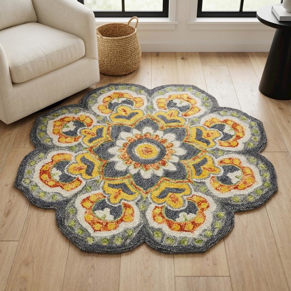Gray And Yellow Indoor Area Rug With Classic Round Design