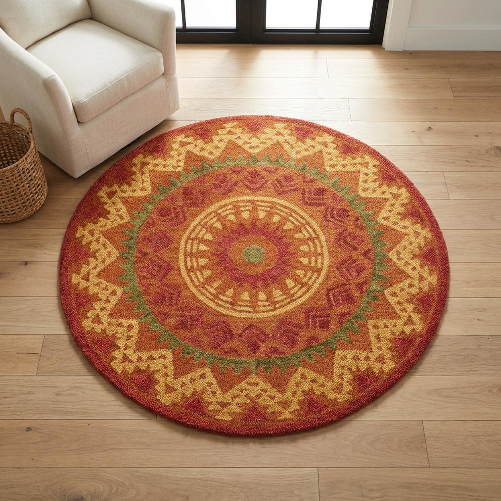 Orange/Red Round Indoor Area Rug With Transitional Style, 4-Foot Diameter