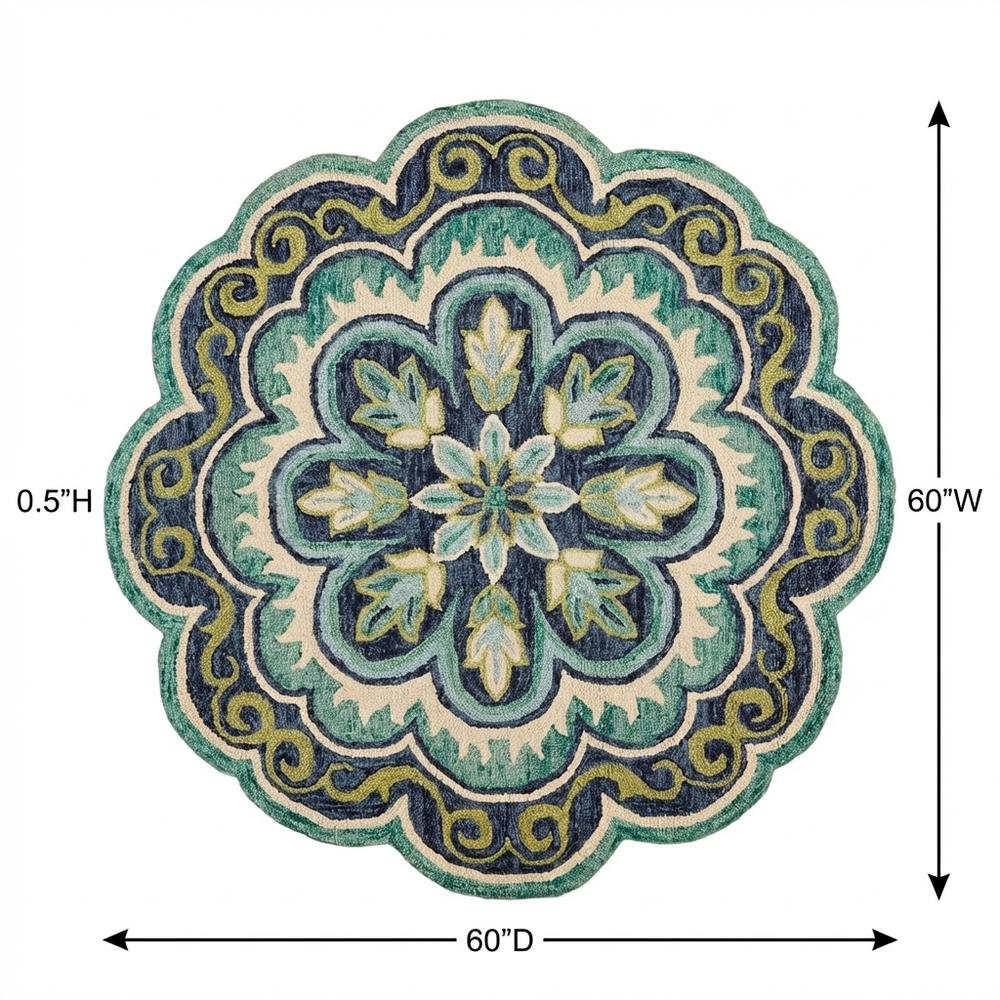 Bohemian Indoor Area Rug In Green And Blue, 5' Round, Casual Style