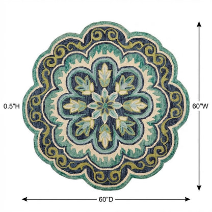 Bohemian Indoor Area Rug In Green And Blue, 5' Round, Casual Style