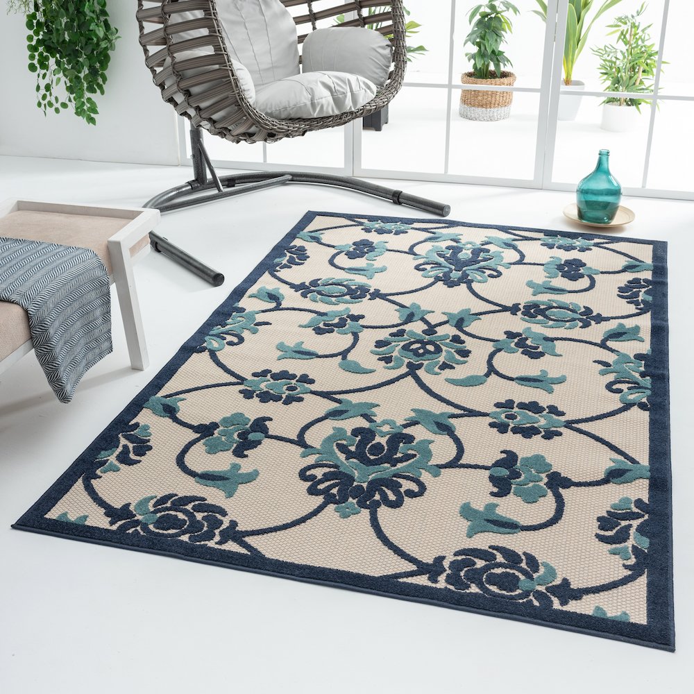 Copa Cabana Durable Performance Area Rug Outdoor in Blue/Beige, 7'10" x 9'10"