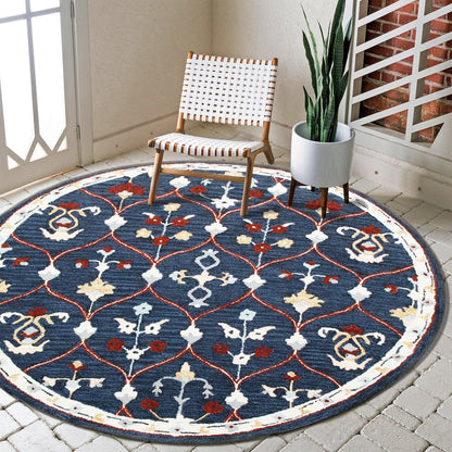 RugsA Navy/Red Trellis Wool Round Rug