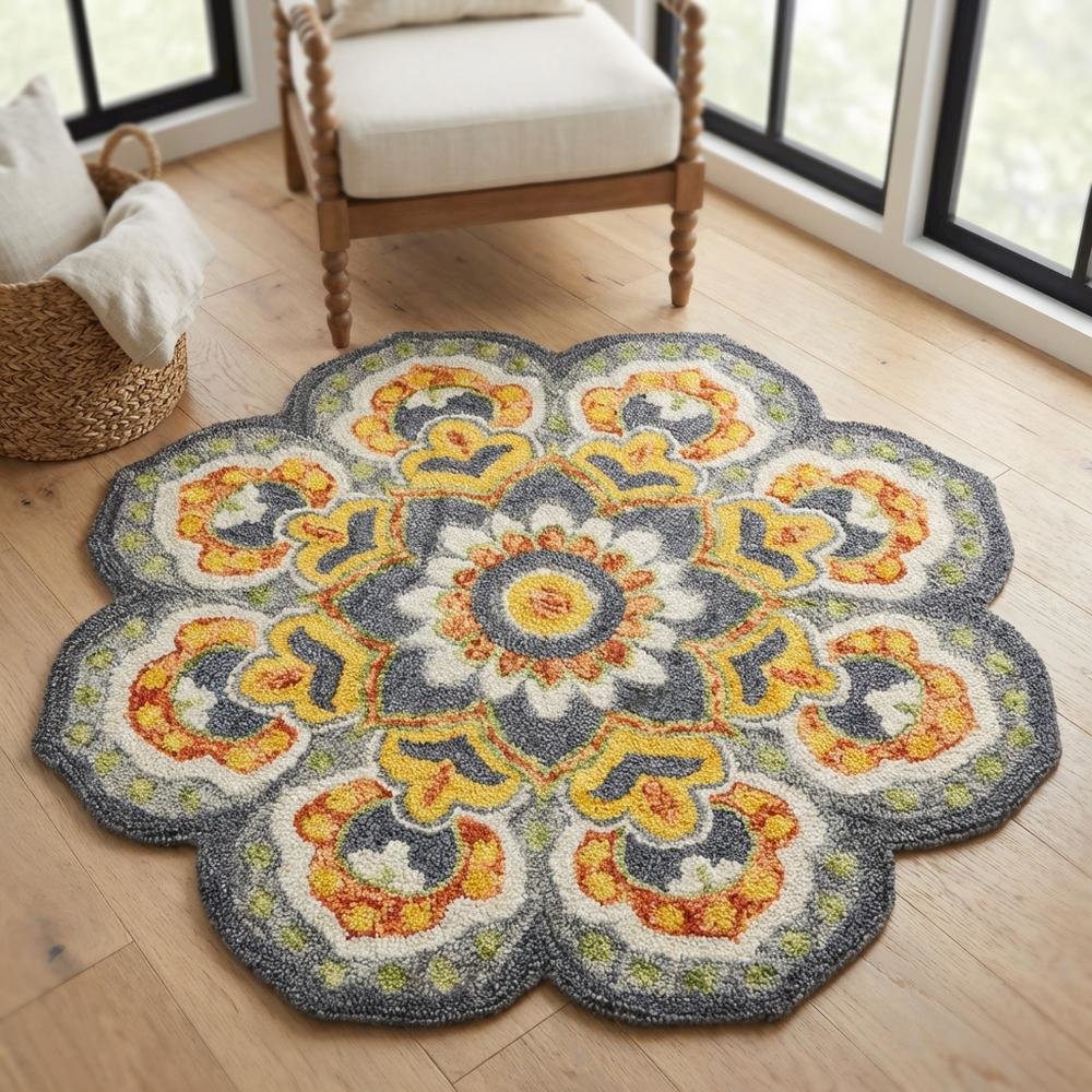 Gray Indoor Round Area Rug With Classic Style And Vibrant Yellow Accents