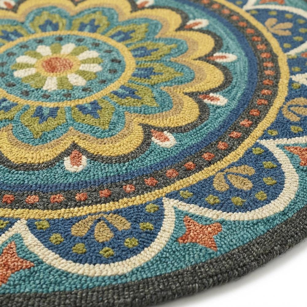 Bohemian Patterned Indoor Area Rug In Blue And Multicolored 4' Round