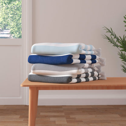 Grey/White Striped Hand-stitched All-Natural Cotton Throw Blanket