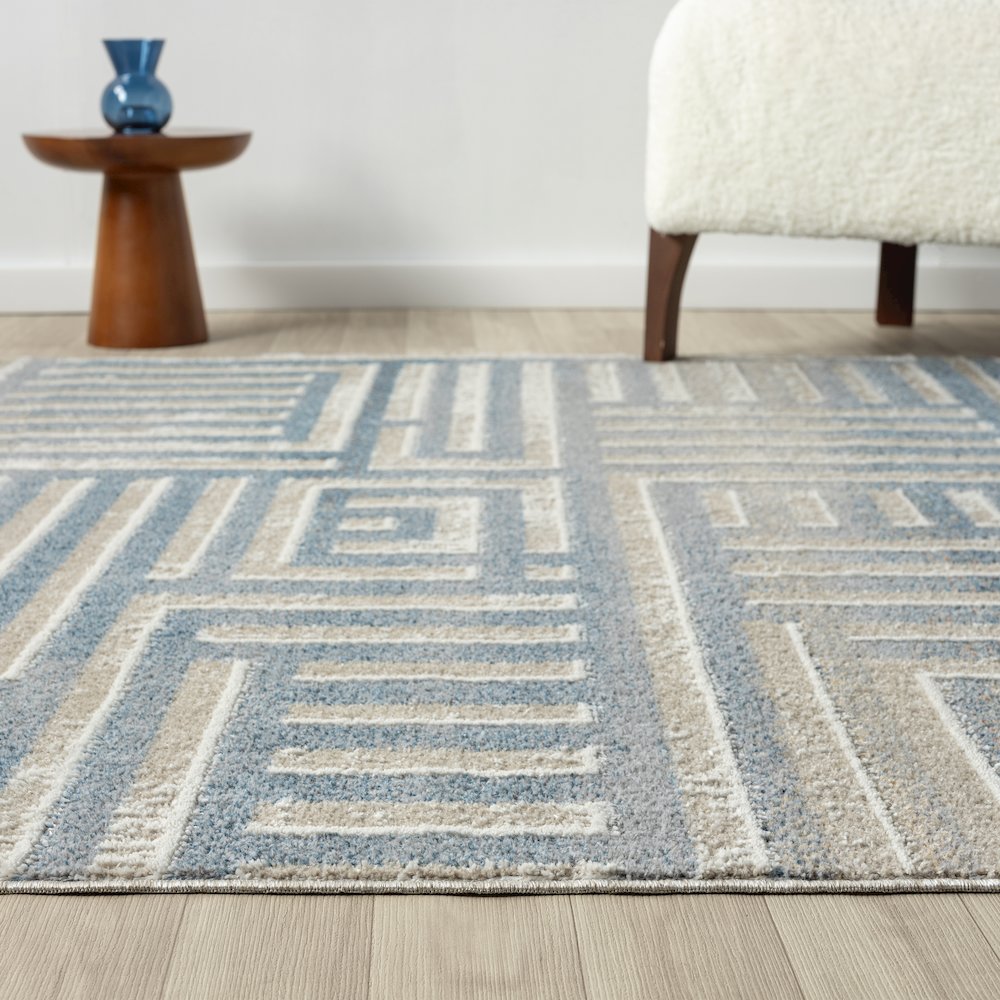 Beige/Blue Modern Geometric Performance Washable Indoor Area Rug