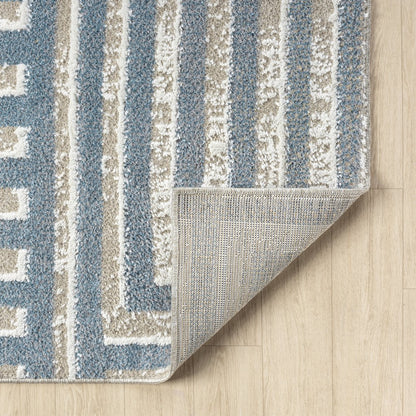 Beige/Blue Modern Geometric Performance Washable Indoor Area Rug