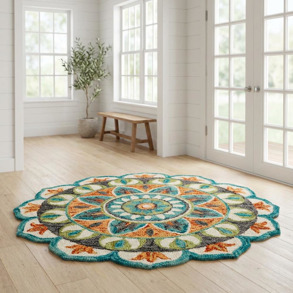 Bohemian Indoor Area Rug In Orange And Blue, 4' Round Durable Design
